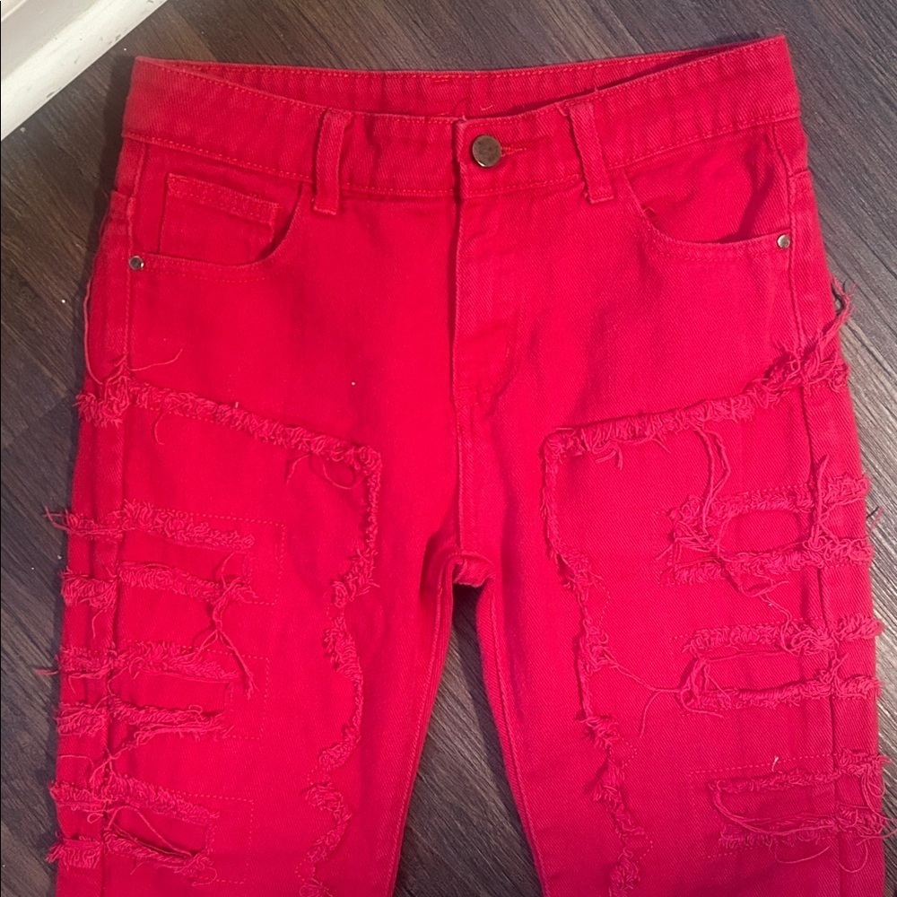 Red distressed raw hem jeans size 12Y - Picture 3 of 4